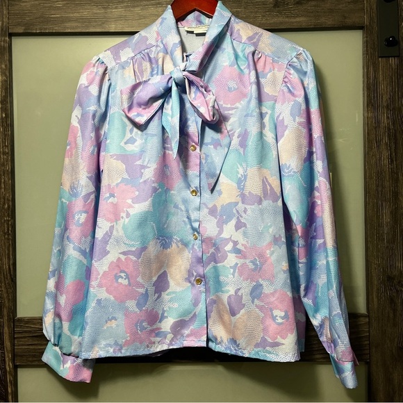 Anderson-Little Tops - Vintage Anderson-Little Floral Paste Pink & Blue 70's Secretary Blouse with Bow